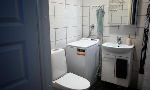 La petite salle de bains est pourvue de toilettes et d'un lavabo. dans l'établissement Saunallinen kaksio, asunto Kolin Kolo, à Kolinkylä