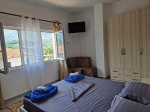 ein Schlafzimmer mit einem Bett, einem Stuhl und einem Fenster in der Unterkunft Bar-Restaurant-Hotel-Familja in Klos