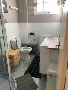 La salle de bains est pourvue de toilettes et d'un lavabo. dans l'établissement Appartement bagnoles, à Bagnoles-de-l'Orne