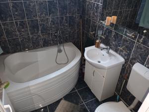 a bathroom with a tub and a toilet and a sink at Apartament Magic Petroșani in Petroşani +25 photos