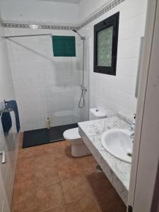 a bathroom with a shower and a toilet and a sink at villa martha in Yaiza