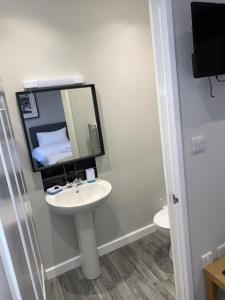 a bathroom with a sink and a mirror and a toilet at The Fountain Inn, Digbeth in Birmingham