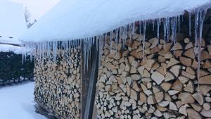 uma pilha de madeira pendurada numa parede com gelo em Chata č.6 em Zlaté Hory