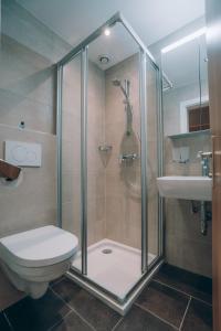 a bathroom with a shower and a toilet and a sink at PhiliPop-Up Hostel in Scharnitz