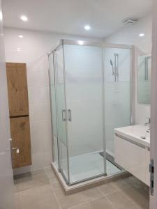 un bagno con doccia in vetro e lavandino di Appartement Morgand a Narbonne
