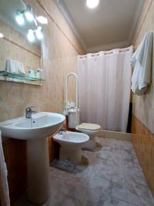 a bathroom with a sink and a toilet at Hostal Restaurante El Lirio in Bollullos par del Condado