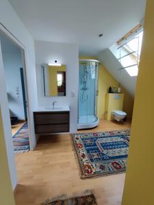 a bathroom with a shower and a sink at Les Mottes in Gandelain