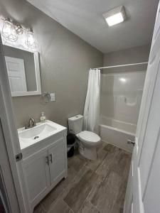 a bathroom with a sink and a toilet and a shower at Parkside B&B in Farmington