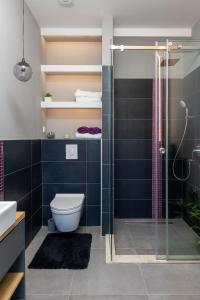 La salle de bains est pourvue de toilettes et d'une douche en verre. dans l'établissement Gjenero, à Dubrovnik