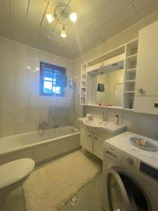 ein Badezimmer mit einem Waschbecken und einer Waschmaschine. in der Unterkunft Farmreiterhof in Pruggern