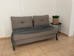 a couch in a room with a plant on a floor at Elefanti Nani in Livadia