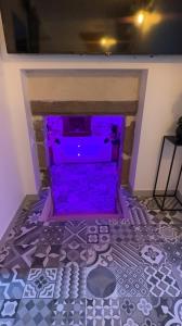 a room with a purple floor and a fireplace at Gîte la ruelle in Remiremont