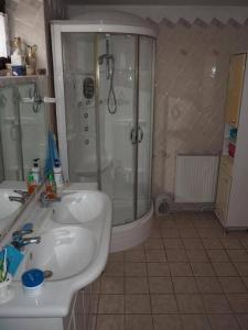 a bathroom with a shower and a white sink at Family house 