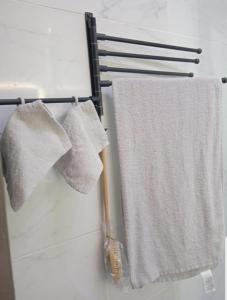 dwa ręczniki wiszące na wieszaku na ręczniki w łazience w obiekcie Logement tout confort -- wifi - clim - parking gratuit - w mieście Nîmes