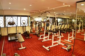 a gym with treadmills and ellipticals on a red carpet at Hotel Grand Pacific in Singapore