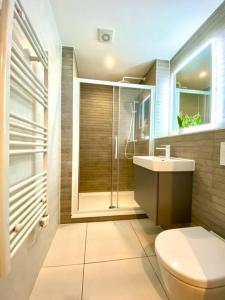 uma casa de banho com um chuveiro, um WC e um lavatório. em Incredible Apartment - Amazing Location - Free Parking & WiFi! em Poole