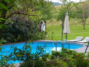 una piscina en un jardín con sombrilla en Panzió-Kemping Bekölce en Bekölce