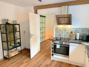 uma cozinha com pia e fogão forno superior em Ferienwohnung am Bodensee em Singen