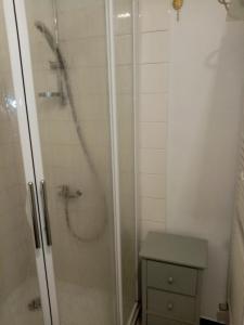 baño con ducha y puerta de cristal en Les Toiles du Figuier, en Espéraza
