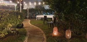 PLAYA BLANCA BED AND BREAKFAST في باياهيب: طاولة وكراسي في حديقة في الليل