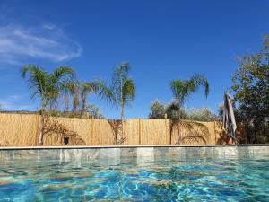 an empty swimming pool with palm trees and a fence at Finca Altozano - Private pool - Unique client in Valle de Abdalagís +33 photos