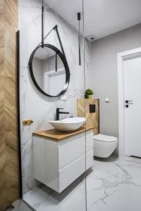 La salle de bains est pourvue d'un lavabo et d'un miroir. dans l'établissement Apartament Parkowy przy Stadionie Śląskim Katowice Chorzów, à Chorzów