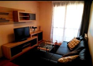 a living room with a black leather couch and a television at Pirineo Aragonés in Latas