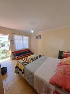 1 dormitorio con 2 camas y ventana en Spanish Friends en Sucre