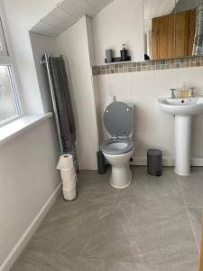 a bathroom with a toilet and a sink at Newton Hall farm cottage with amazing views & hot tub in Preston