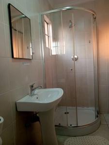 a bathroom with a sink and a shower with a mirror at Beautiful Gate Guesthouse in Palatswe