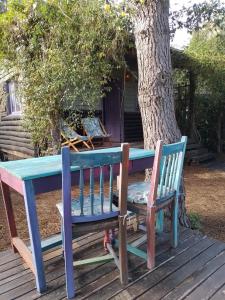 une table et deux chaises assises à côté d'un arbre dans l'établissement la cabanita pinamar, à Pinamar