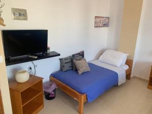 a small bedroom with a bed and a flat screen tv at Perivoli Guest Rooms in Kokkinos Pirgos