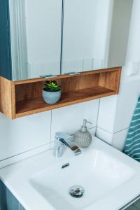 Un mostrador de baño con un lavabo y un espejo. en Casa Melisa I 61m² I WLAN, en Witten 30 fotos más