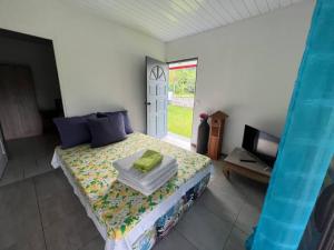 1 dormitorio con 1 cama, TV y ventana en Mataiea Villa view, en Mataiea