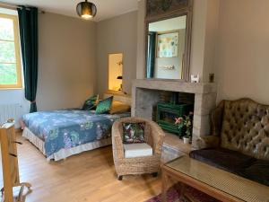 a bedroom with a bed and a fireplace at Le Petit Manoir in Isigny-le-Buat