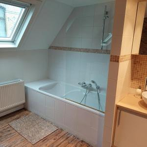 a bathroom with a bath tub in a attic at Plezantwerpen, Zuiderzin in Antwerp +38 photos