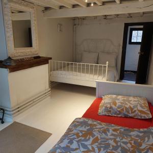 ein Schlafzimmer mit einem Bett und einem großen Spiegel in der Unterkunft Zuiderzin in Antwerpen