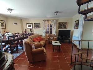 a living room with a couch and chairs and a television at Encosta do Pinhão in Casal de Loivos