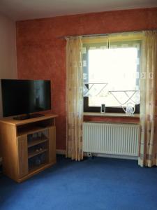 ein Wohnzimmer mit einem TV und einem Fenster in der Unterkunft Ferienwohnung Riedl in Klingenthal