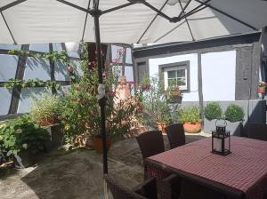 un patio avec une table et des plantes en pot dans l'établissement La Cigogne dorée Gite de charme 4 étoiles, à Schiltigheim