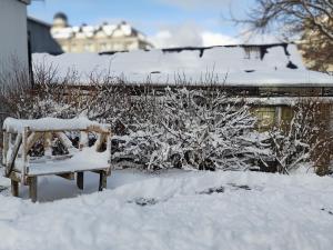 a bench covered in snow in front of a house at House 1903 in Ushuaia