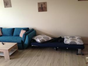 ein Wohnzimmer mit einem blauen Sofa und einem Tisch in der Unterkunft Apartment Ginsterweg in Hannover