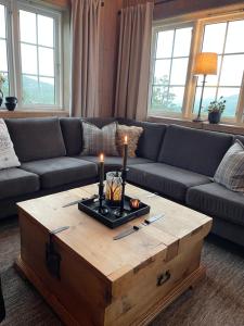 uma sala de estar com um sofá e uma mesa de centro com velas em Leilighet i vakre Rauland em Rauland