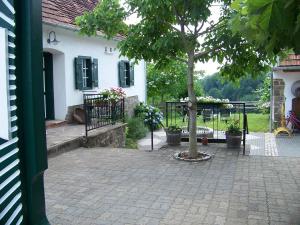 ein Haus mit einem Innenhof mit einem Baum und einer Bank in der Unterkunft Apartment Liendl in Riegersburg