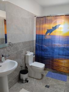 uma casa de banho com uma cortina de chuveiro de golfinhos e um WC em Romantic room em Korçë