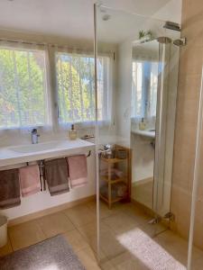 La salle de bains est pourvue d'une douche en verre et d'un lavabo. dans l'établissement Maison à louer, à Saint-Prex