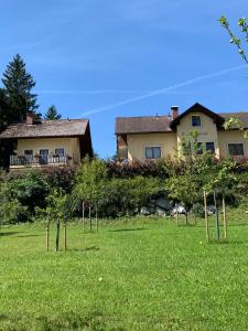 una casa con un patio con árboles en el césped en Schangri-la, en Ramsau am Dachstein