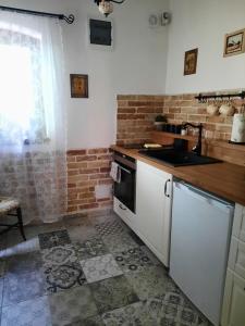 uma cozinha com um lavatório e uma bancada em Kúria Apartman Budapest with free parking em Budapeste