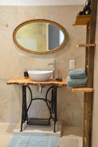 uma casa de banho com um lavatório e um espelho em Chambre Gargantua Le dolmen em Thizay