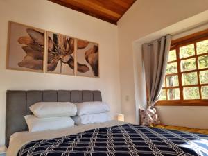 a bedroom with a bed and two paintings on the wall at Pousada Reserva Nativida in Santo Antônio do Pinhal